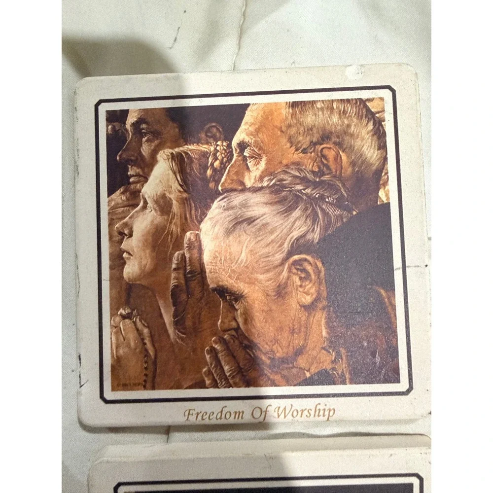 Norman Rockwell Four Freedoms Ceramic Coasters Set 4 Unisex Cream Americana Art